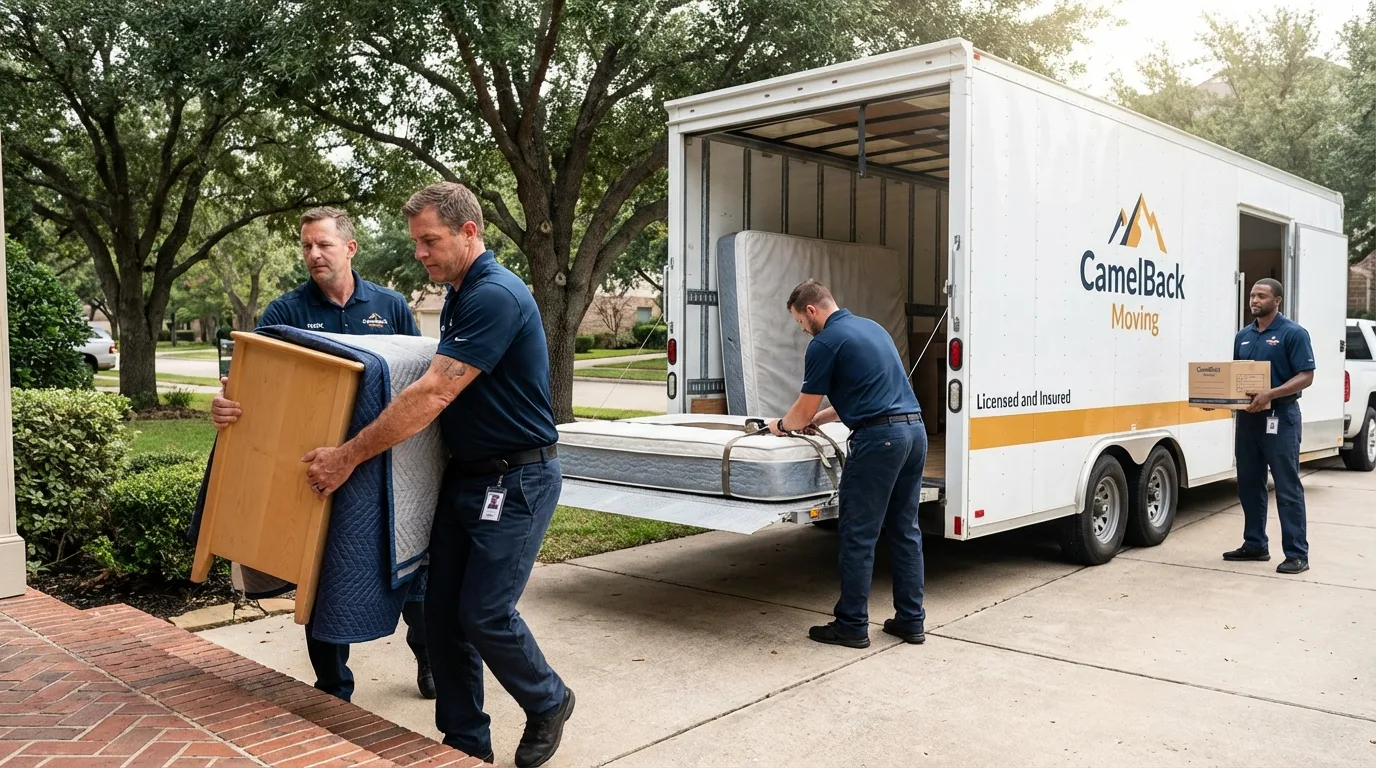 Crew loading residential truck for cross-state move from Jackson, CA