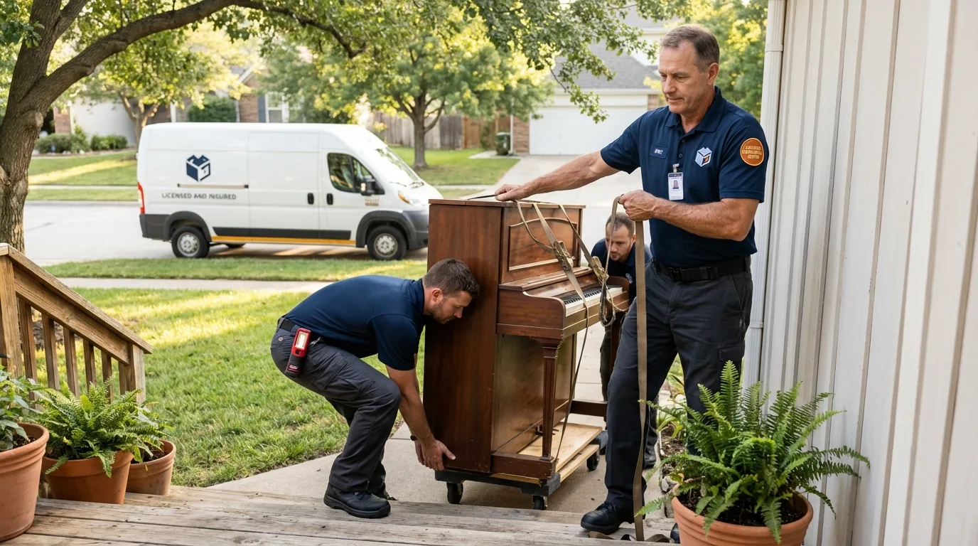 Licensed piano movers securing grand piano in Jackson, CA