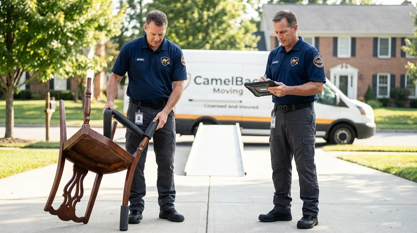 Movers inspecting furniture for damage prevention before loading in Jackson, CA
