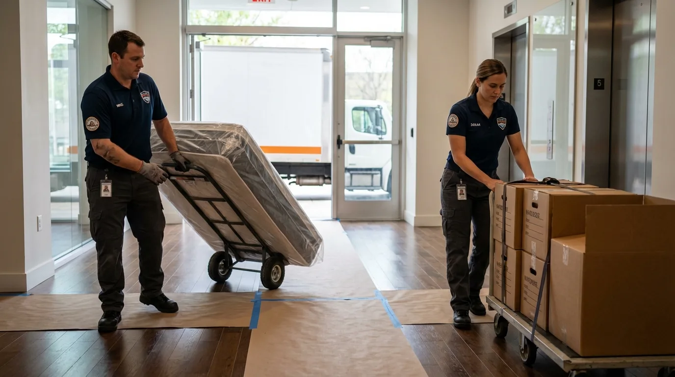 Professional apartment movers loading elevator in Jackson, CA